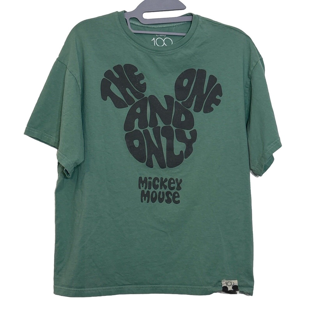 EUC Disney‎ 100 Years of Wonder Womens Size XS Green Gray Mickey Mouse Tee Shirt